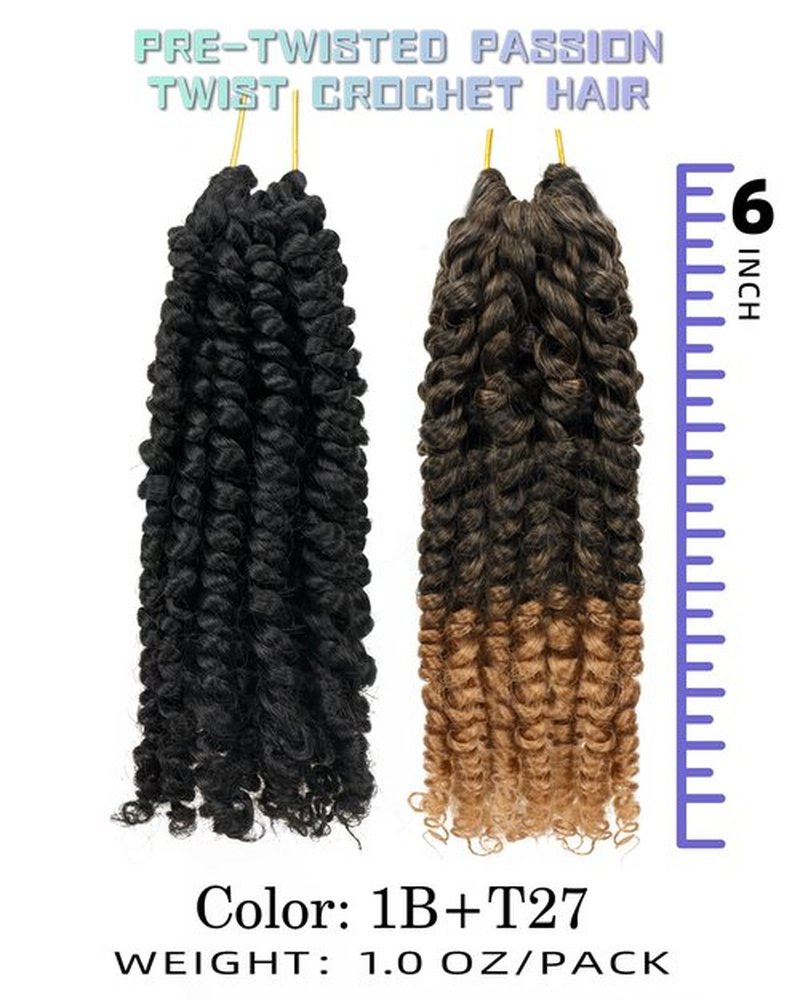 6 Inches 9 Packs Passion Twist Crochet Hair-Mixed Color Combo Pack(7 packs 1B+2 packs T1B/27),Pre-twisted Pre Looped Soft & Bouncy Synthetic Braided Hair For Black Women and Kids(6"-9 Packs,1B+T27)