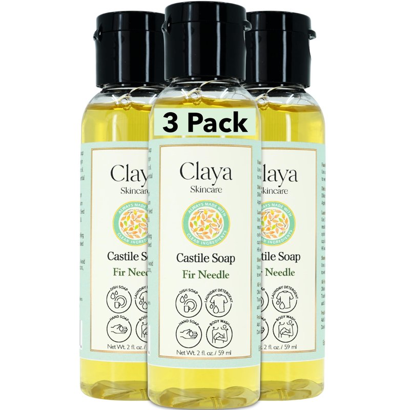 Claya Fir Needle Liquid Castile Soap – Organic Ingredients, Biodegradable, Gentle for Sensitive Skin, Versatile Use and Travel size (3 Pack of 2 fl oz)