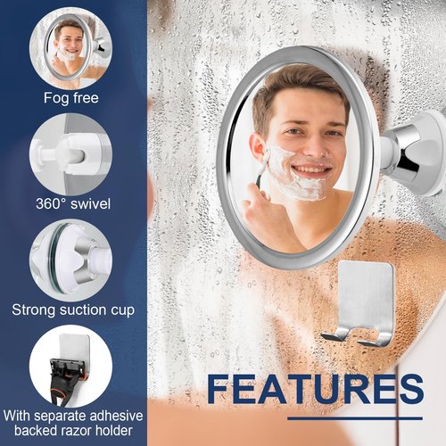Shower Mirror Fogless with Suction Cups, 360° Rotatable, Anti Fog Bathroom Mirror for Shaving, Make-up, Showering, Bathroom Accessories, Silver