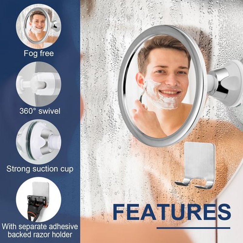 Shower Mirror Fogless with Suction Cups, 360° Rotatable, Anti Fog Bathroom Mirror for Shaving, Make-up, Showering, Bathroom Accessories, Silver