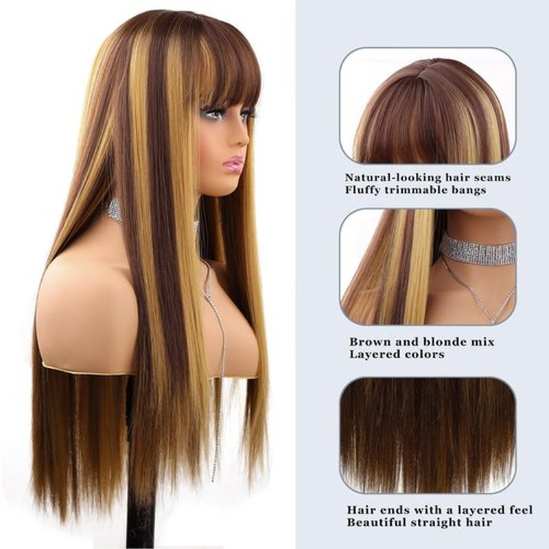 Amarlis Blonde Highlight Wigs for Women, Blonde Mix Brown Wig with Bangs Silky Soft Fiber Synthetic Wig for Daily Party Use(24 Inch,Blonde Highlight)