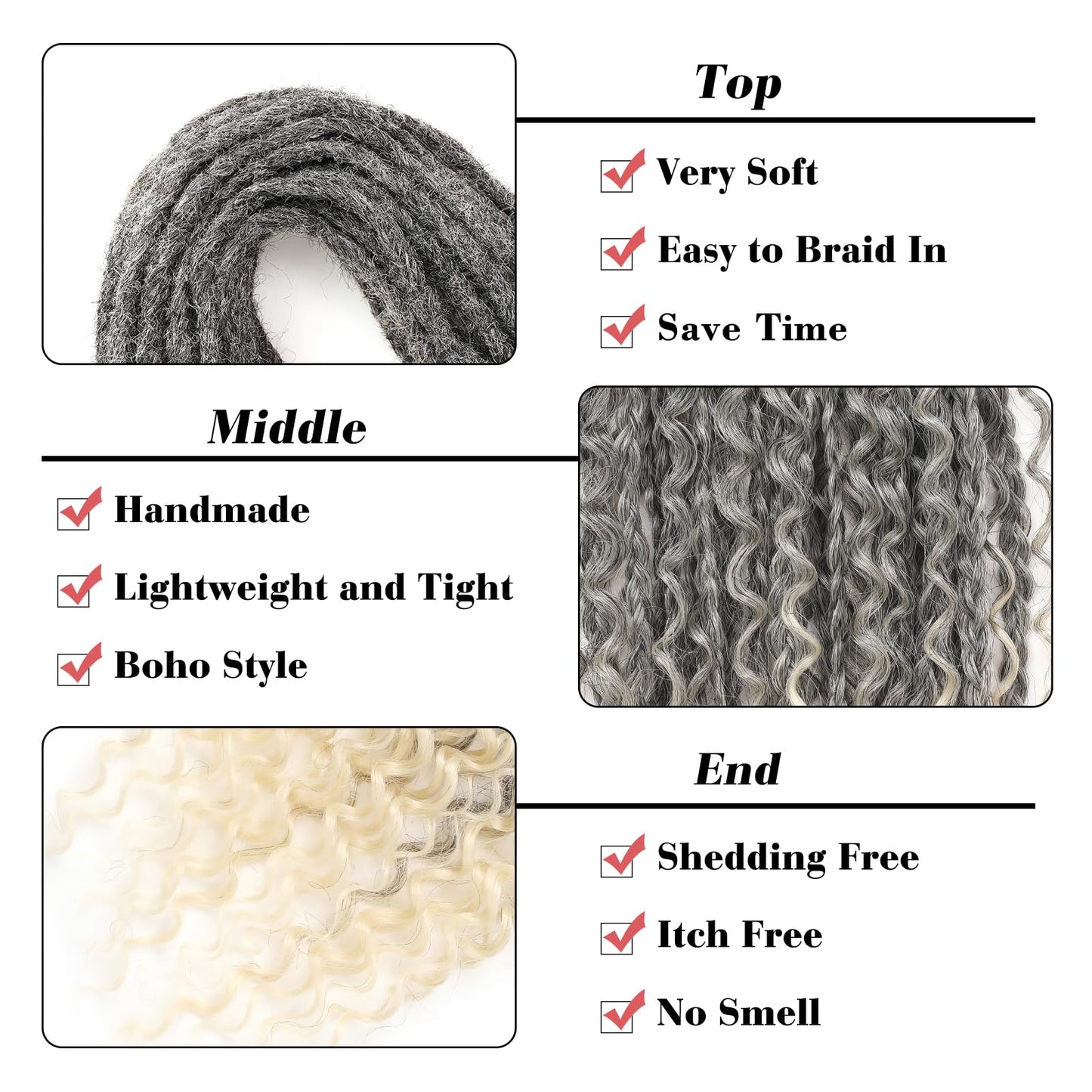 Leeven Boho Synthetic Dreadlock Extensions 24 Inch Ombre 613 Blonde Double Ended Dread Extensions 10 Strands Handmade Boho Box Braids Wavy Curly Ends Braid in Handmade Thin Wool DE Dreads for Women