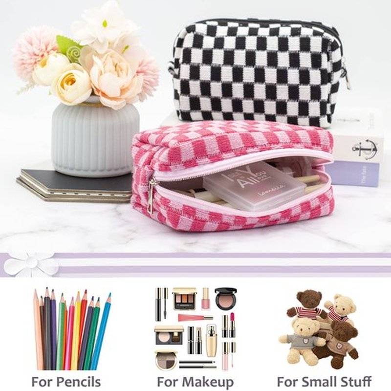 PAZIMIIK Checkered Makeup Bag for Purse Portable Zipper Make Up Pouch Small Cosmetic Case for Travel Accessories (6PCS Hotpink)