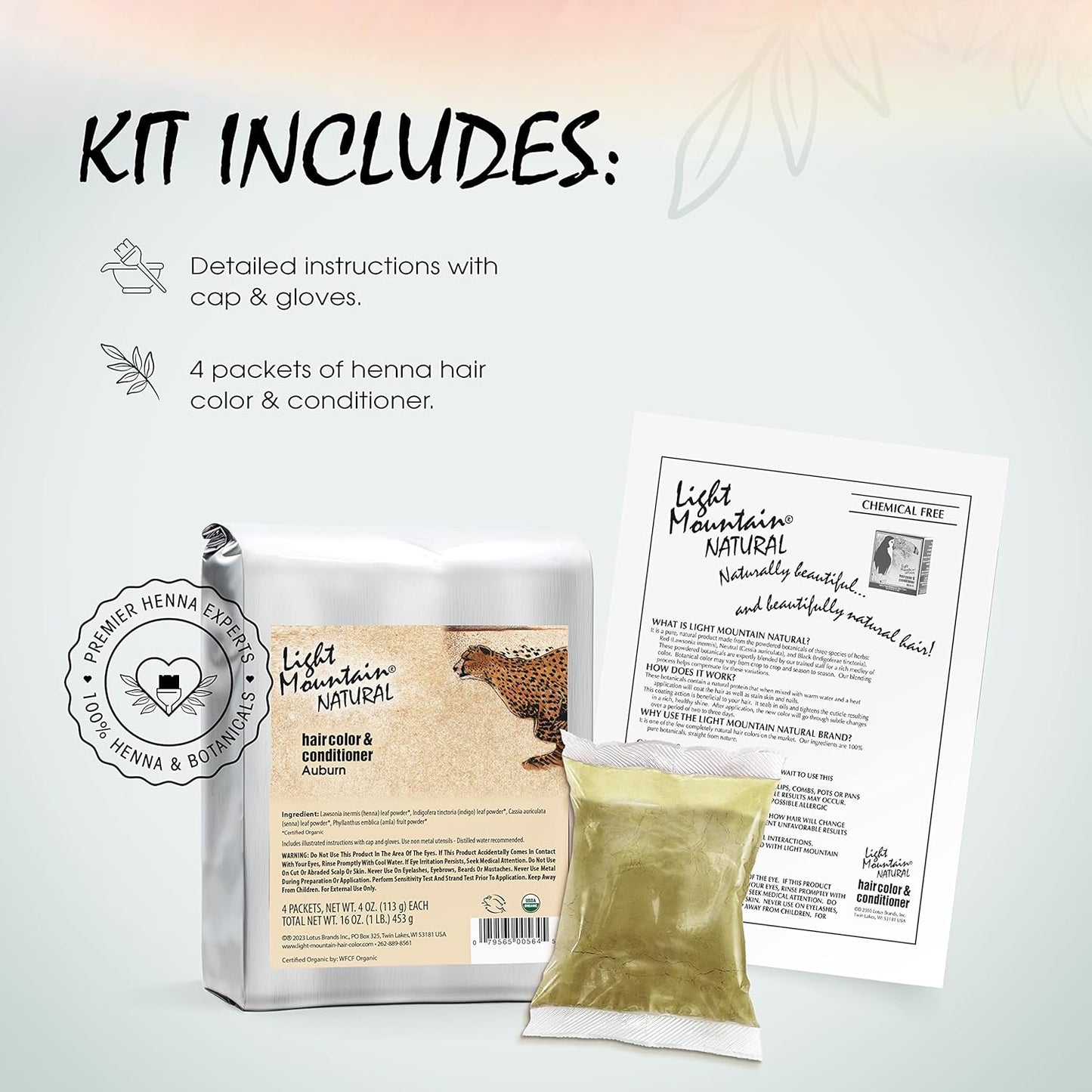 Light Mountain Henna Hair Color & Conditioner – Red Hair Dye, Organic Henna Leaf Powder and Botanicals, Chemical-Free, Semi-Permanent Hair Color + 4 Hair Clips