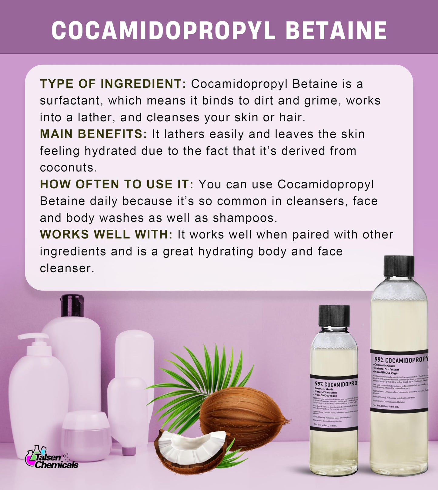 Talsen Chemicals Cocamidopropyl Betaine 12 Ounce / 355 mL-100% Pure Coco Betaine Natural Surfactant Liquid Premium Organic Compounds Derived from Coconut Oil DIY Cosmetics Skincare