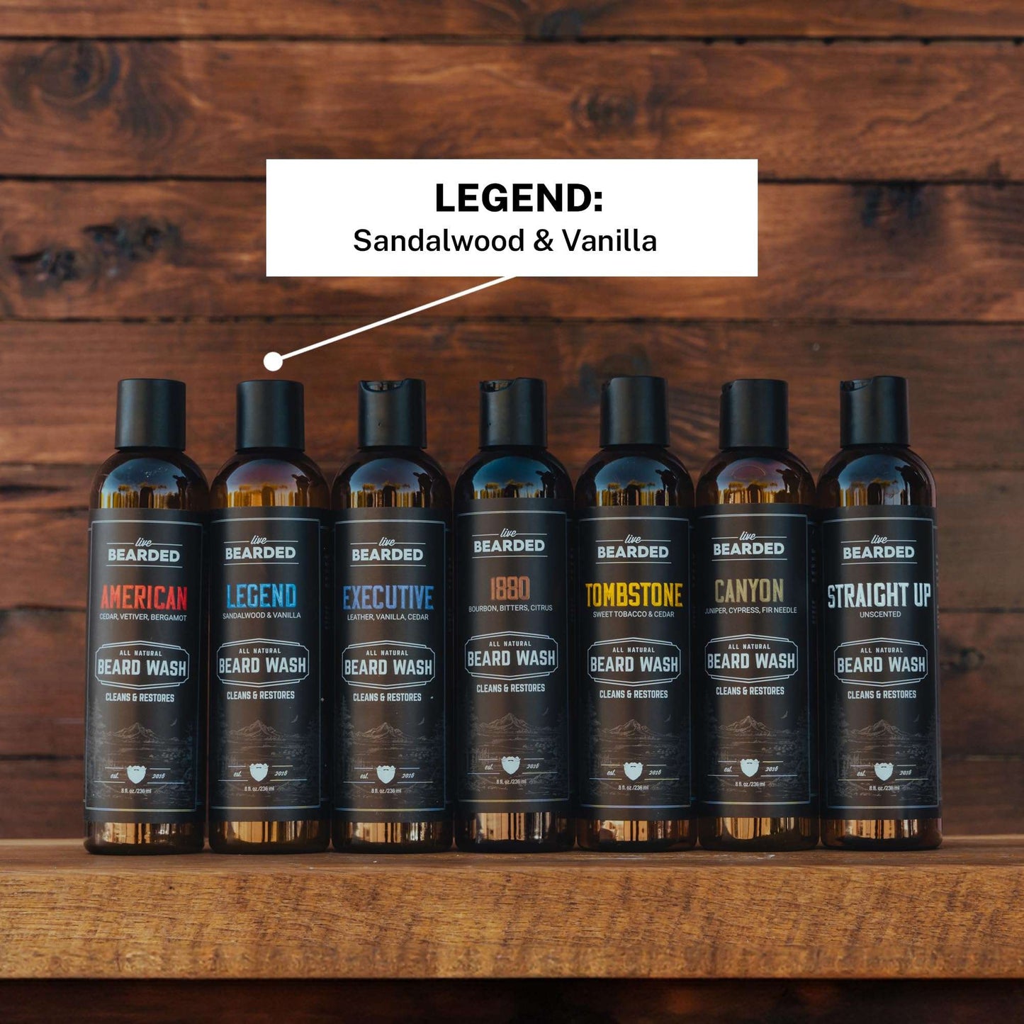 Live Bearded Beard Wash, 8 fl oz - Water-Based Face Cleanser with All-Natural Ingredients for a Gentle, Deep Clean - Made in the USA | Legend Scent - Sandalwood, Vanilla
