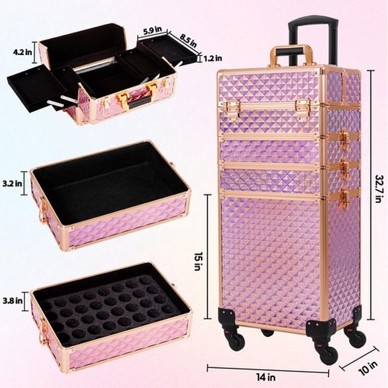 AROUS Rolling Makeup Train Case Large Storage Cosmetic Trolley 4 in 1 Large Capacity Trolley Makeup Travel Case with Key Swivel Wheels Salon Barber Case Traveling Cart Trunk, Pink