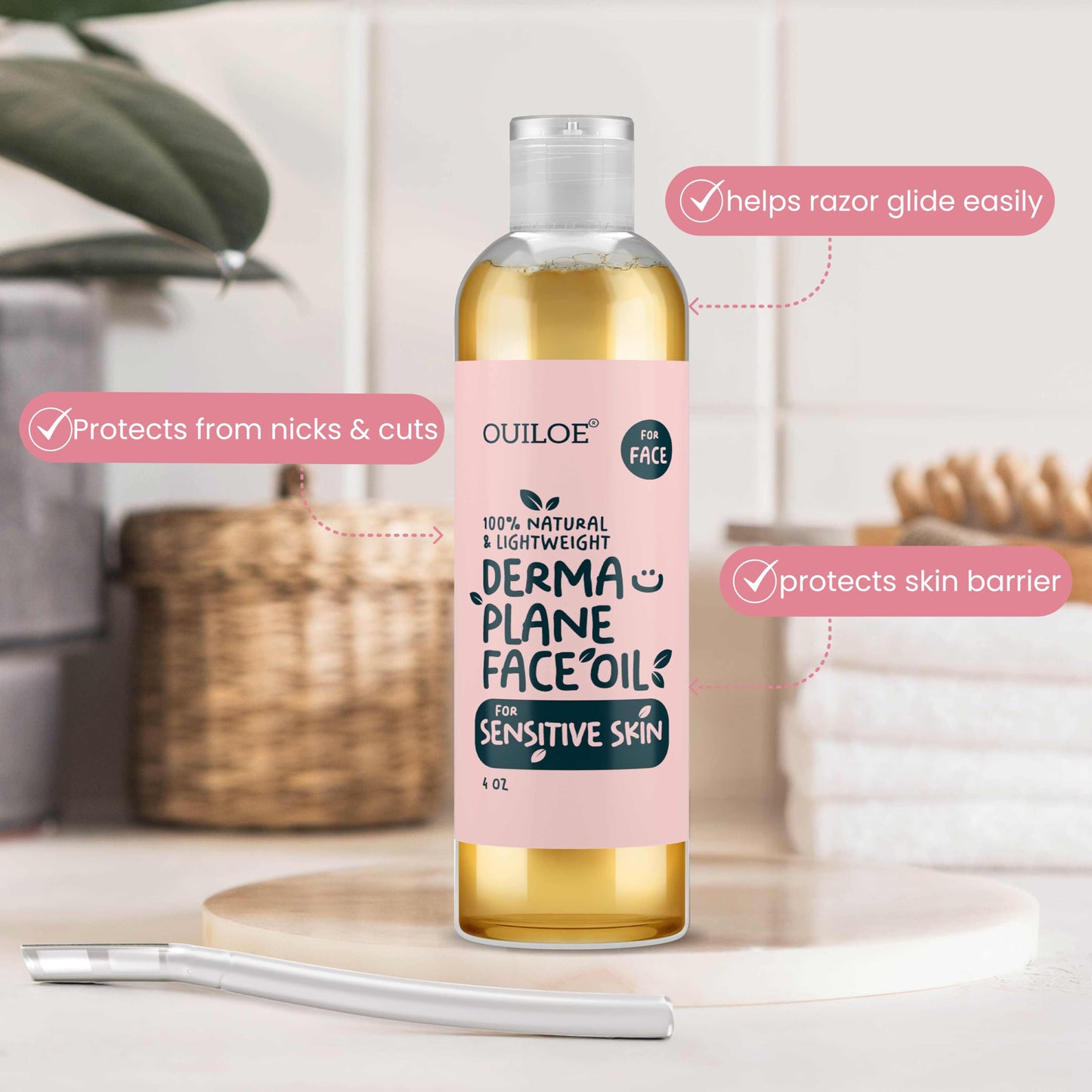 Dermaplane Oil for Women with Sensitive Skin - Lightweight Face Shaving Oil, Natural Facial Shave Oil, Use with a Dermaplaning Tool, Razor, Shaver or Microblade for Close Shave 2 oz by Ouiloe