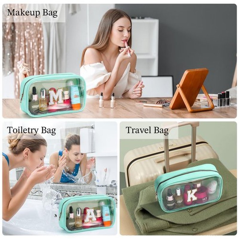 YOOLIFE Initial Clear Makeup Pouch, Clear Makeup Bag Cosmetic Travel Beach Toiletry Bag Travel Essentials Gifts for Women Teen Girlfriend Teacher Mom Brithday Gift for Women Teen Zipper Pouch Blue A