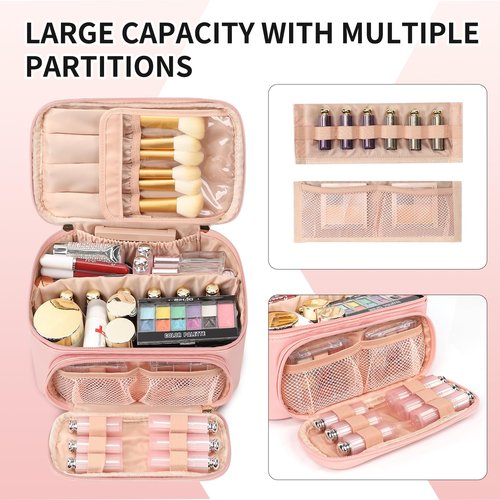 OCHEAL Makeup Bag, Multifunctional Make Up Bags Large Compact Makeup Bag Organizer Cosmetics Toiletry Brushes Storage Case for Women Girls Makeup Case with Handle Divider-Pink