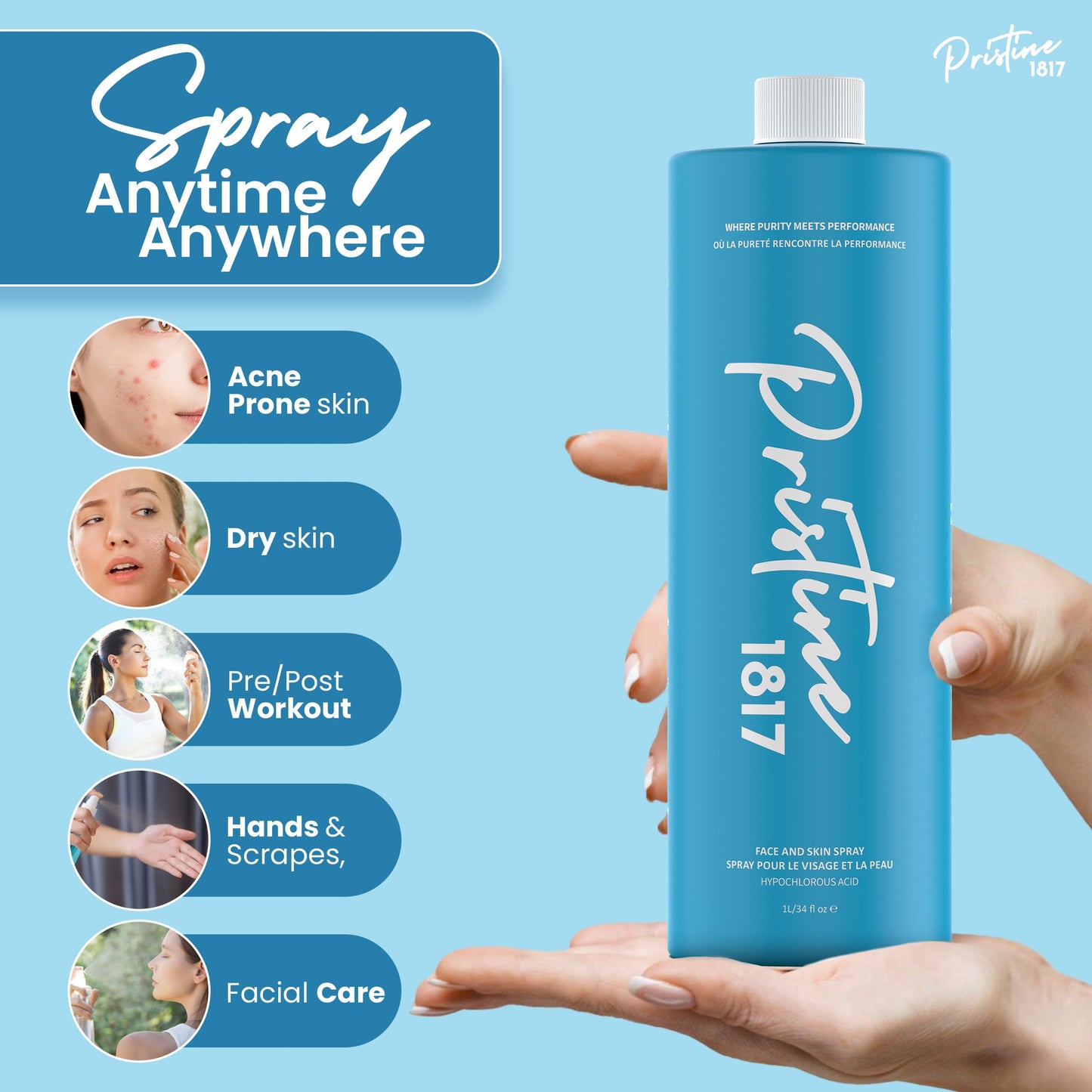 Pristine 1817 Hypochlorous Acid Spray 0.016% 1L (33.8 fl oz) - Gentle, Versatile Mist for Face & Body