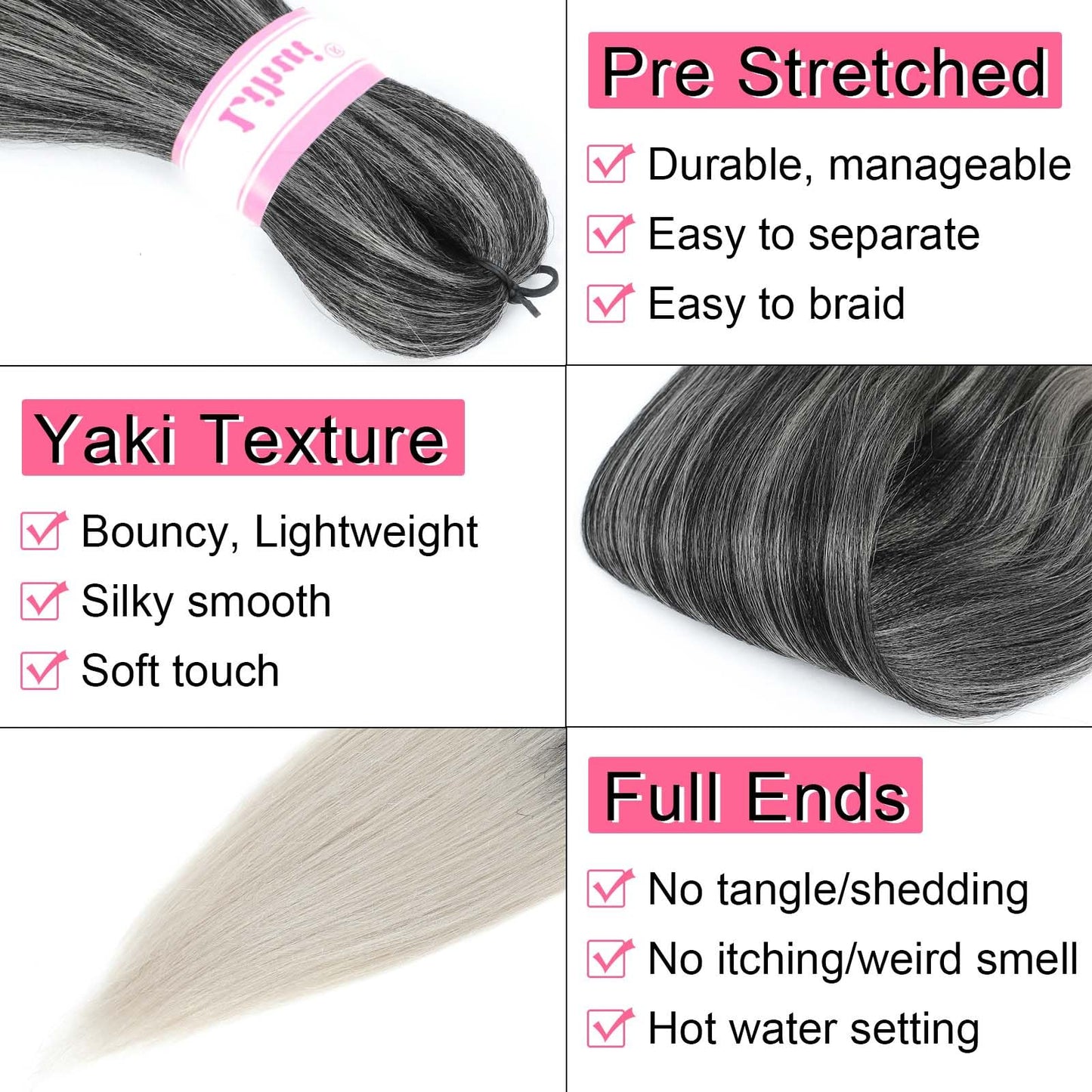 32 Inch Pre Stretched Braiding Hair Ombre Grey Long Crochet Braid Hair Yaki Braiding Hair Pre Stretched Hot Water Set Synthetic Braids(1B/Grey, 6packs, 32inch)