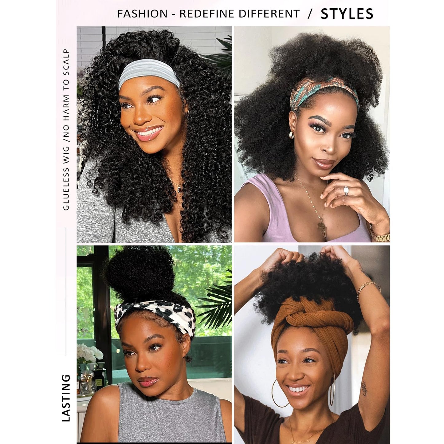 Woman's Romance Headband Wig Human Hair Wigs Kinky Curly Headband Wigs for Black Women Glueless Human hair Wig None Lace Front Wigs 180% Density Wear and Go Wig Natural Black Headband Wigs (28in)