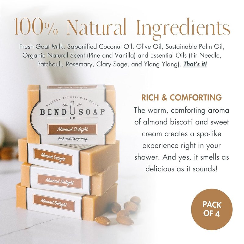 Goat Milk Soap for Dry Skin Relief - All Natural Handmade Almond Delight | 4.5 oz Bars, 4 Pack
