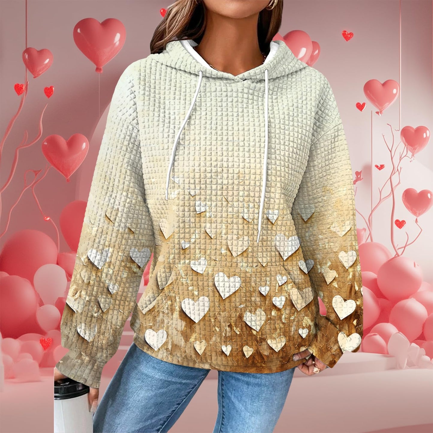 Valentine Sweater Women Waffle Pattern Heart Hoodie Caridigan Plus Size Valentines Day Hooded Sweatshirt Long Sleeve Pullover Oversized Heart Print Hoodie Casual Graphic Tops with Pockets,M