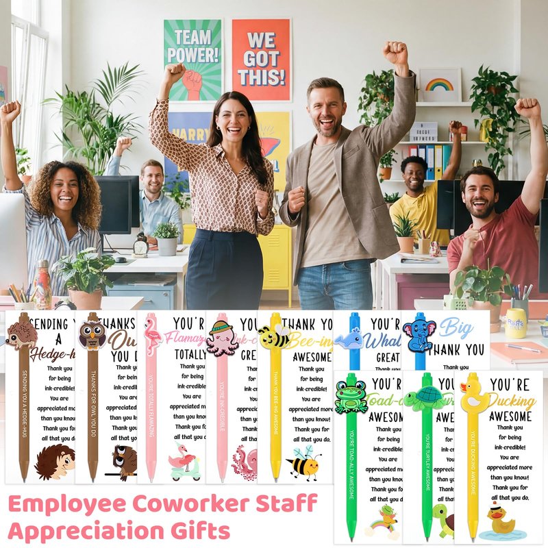 BESARME 30 Sets/90 Pcs Employee Appreciation Gifts Bulk For Coworkers Staff Thank You Gifts Teacher Appreciation Gift Funny Animals Pen with Motivational Card and Bags for Office