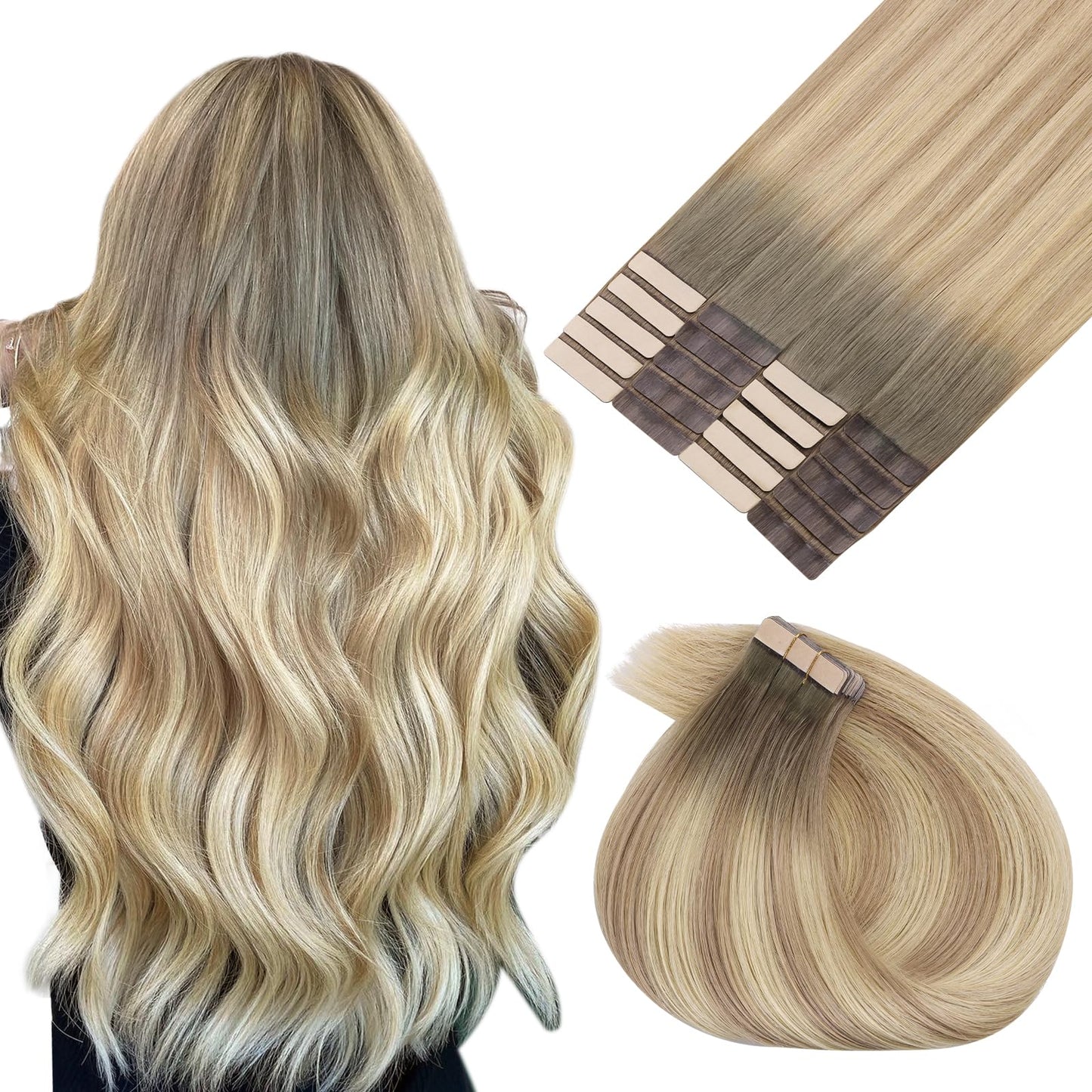 MAXITA Seamless Tape in Hair Extensions Human Hair, 100% Human Tape in Hair Extensions Light Ash Brown to Dirty Brown and Sun Blonde 14 Inch 50g 20pcs,Invisible Seamless Remy Tape for Extensions
