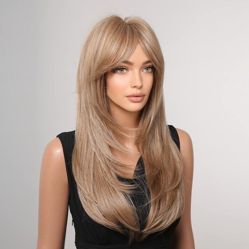 MAGQOO Cherry Blonde Wig for Women Strawberry Blonde Layered Wig Long Light Brown Wig with Bangs Synthetic Heat Resistant with Wig Cap