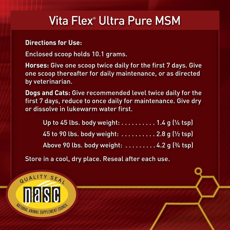 Vita Flex Ultra Pure Joint Supplement for Dogs, Horses & Cats, 4 Pounds – MSM Supplement, Equine MSM Powder for Healthy Joints, Collagen & Mobility Support, Odorless White Powder