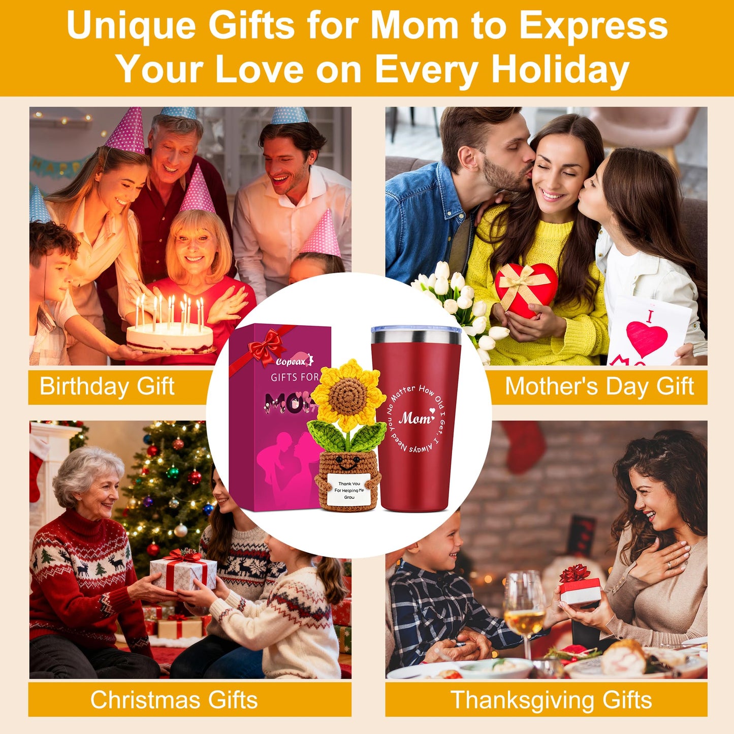 Mom Gifts, Birthday Gifts for Mom from Daughter Son,Sunshine Gift Set w/Handmade Crochet Sunflower & Insulated Tumbler,Cool Women Gifts Ideas for Mothers Day,Presents for Mom,Mommy,Mother in Law