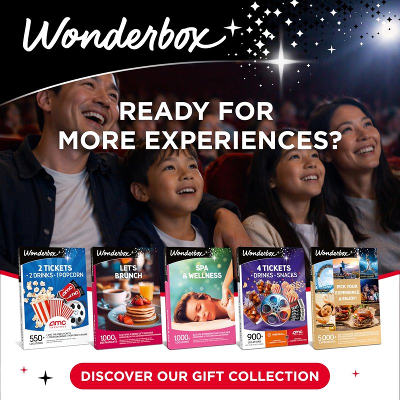 WONDERBOX AMC Movie Night Experience for 2, Gift Box with 2 Movie Tickets, Drinks & Popcorn, Valid at 550 Locations