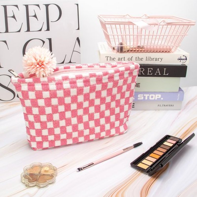 PAZIMIIK Knitted Checkered Makeup Bag Large Zipper Make Up Accessory Pouch for Purse Cosmetic Brush Bag for Travel Essential Pink White