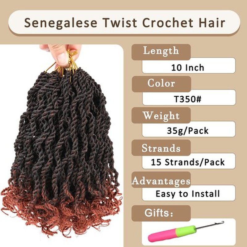 Kachanaa 10 Inch Wavy Senegalese Twist Crochet Hair 8 Pack Synthetic Short Pre Looped Kids Crochet Braids with Curly Ends Pre Twisted Small Havana Twist Braiding Hair for Black Women T350#