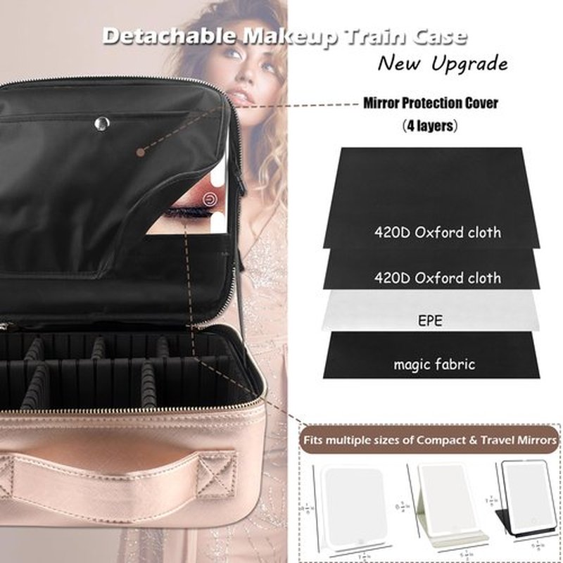 MOMIRA Travel Makeup Bag Cosmetic Bag Makeup Organizer Bag with Lighted Mirror, Adjustable Brightness in 3 Color Scenarios, Waterproof Makeup Train Case, Gift for Women - Champagne