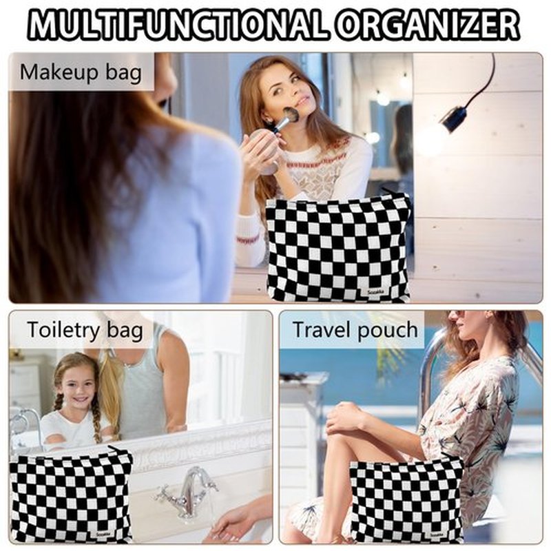 ZLFSRQ Checkered Makeup Bag for Women Girls Large Capacity Black Corduroy Travel Cosmetic Bag Set Makeup Pouch for Purse Zipper Toiletry Organizer Cute Y2K Aesthetic Trendy Makeup Brushes Storage Bag
