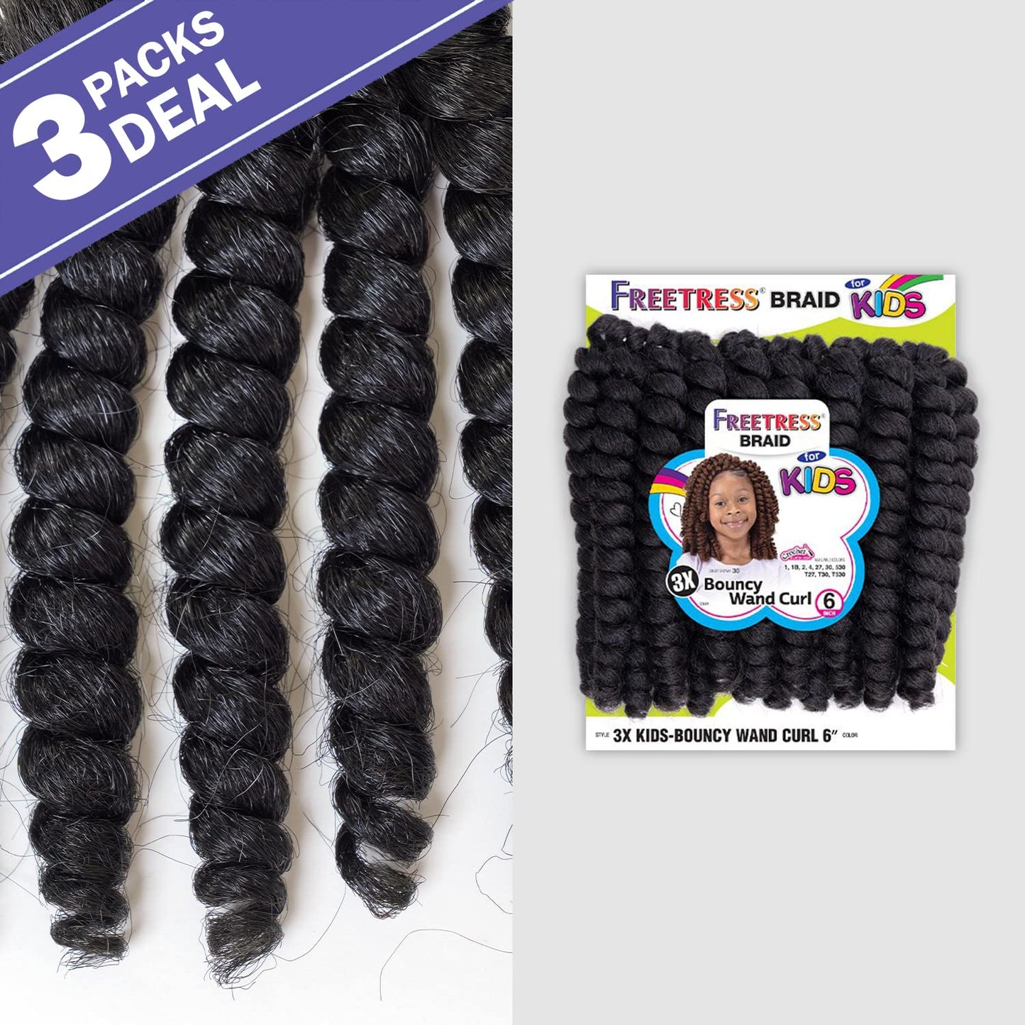 FreeTress Crochet Braids 3X Kids Bouncy Wand Curl 6" (3-PACK, T30)