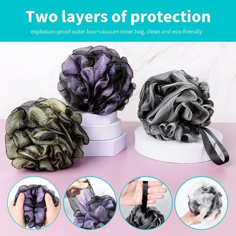 BCKENEY Bath Loofah Shower Sponge Body Back Scrubber Soft Mesh Shower Puffs Exfoliating Loofa for Women & Men Bath Accessories Cleaning Tool (Pack of 4 60G Loofah, Dark Elf)