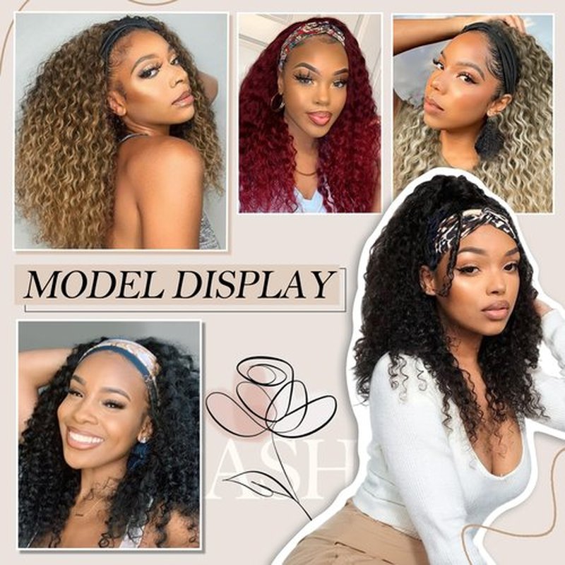 cuiud Ombre Brown Headband Wigs Water Wave 20 Inch Brown Curly Headband Wigs for Black Women Synthetic Glueless Half Wig Curly Wave Wig None Lace Front Wig (Ombre Brown)
