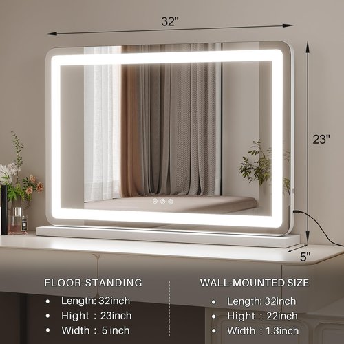 ZL ZELing Vanity Mirror with Lights 32" x 23" LED Makeup Mirror with Lights, Dimmable 3-Color Lighting and 5X Magnification Mirror, Touch Screen Control, Wall-Mountable and Tabletop Design