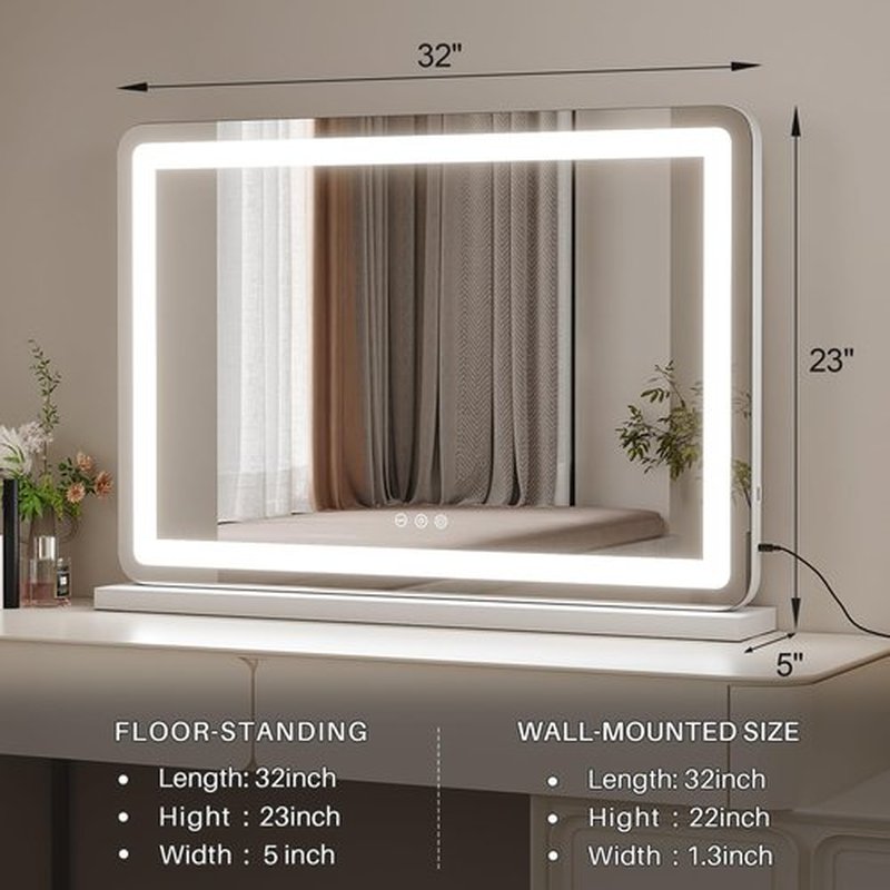 ZL ZELing Vanity Mirror with Lights 32" x 23" LED Makeup Mirror with Lights, Dimmable 3-Color Lighting and 5X Magnification Mirror, Touch Screen Control, Wall-Mountable and Tabletop Design