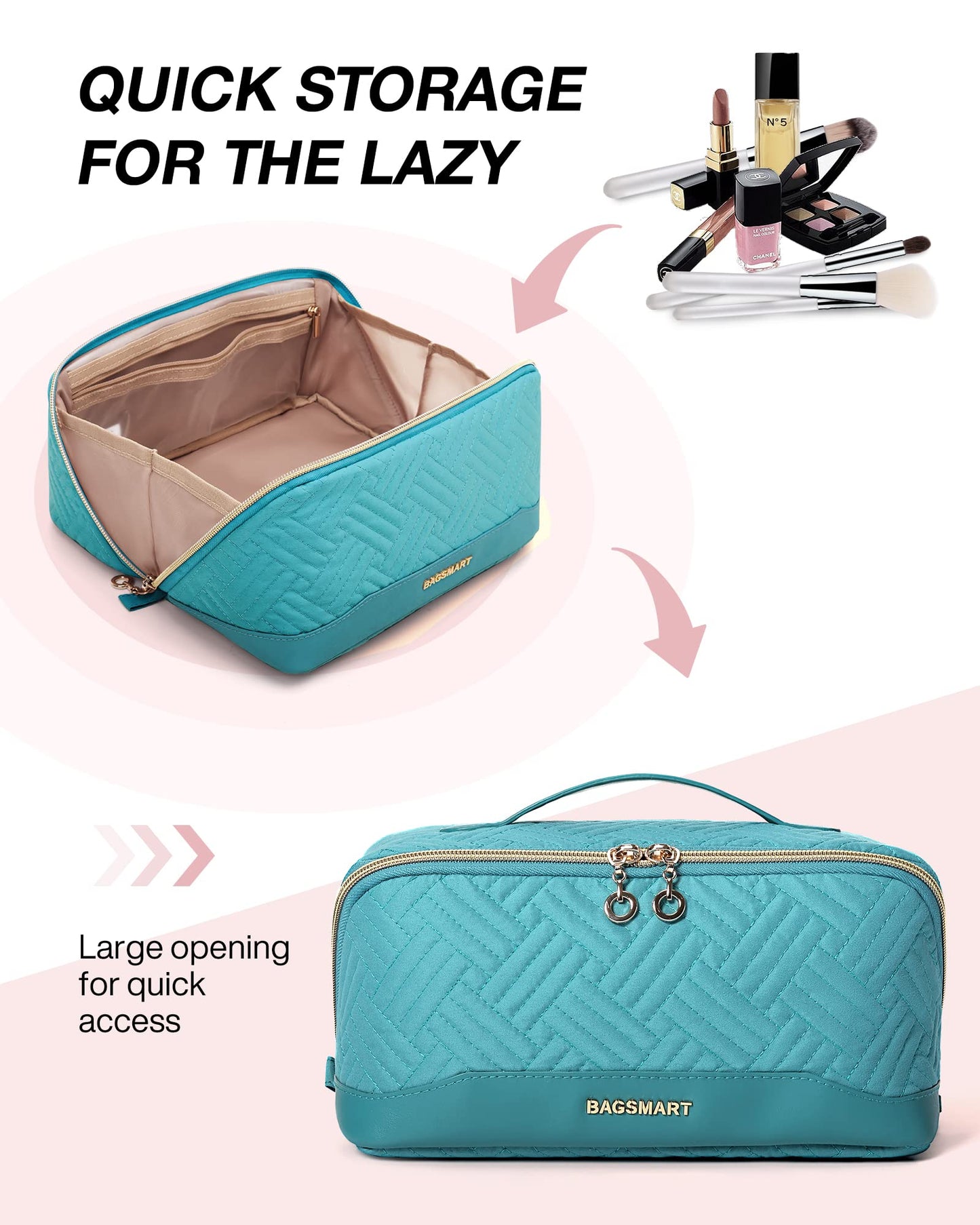 BAGSMART Makeup Bag, Travel Cosmetic Bags Water-resistent Makeup Case for Women Portable Pouch Open Flat Make Up Organizer for Toiletries, Brushes, Teal