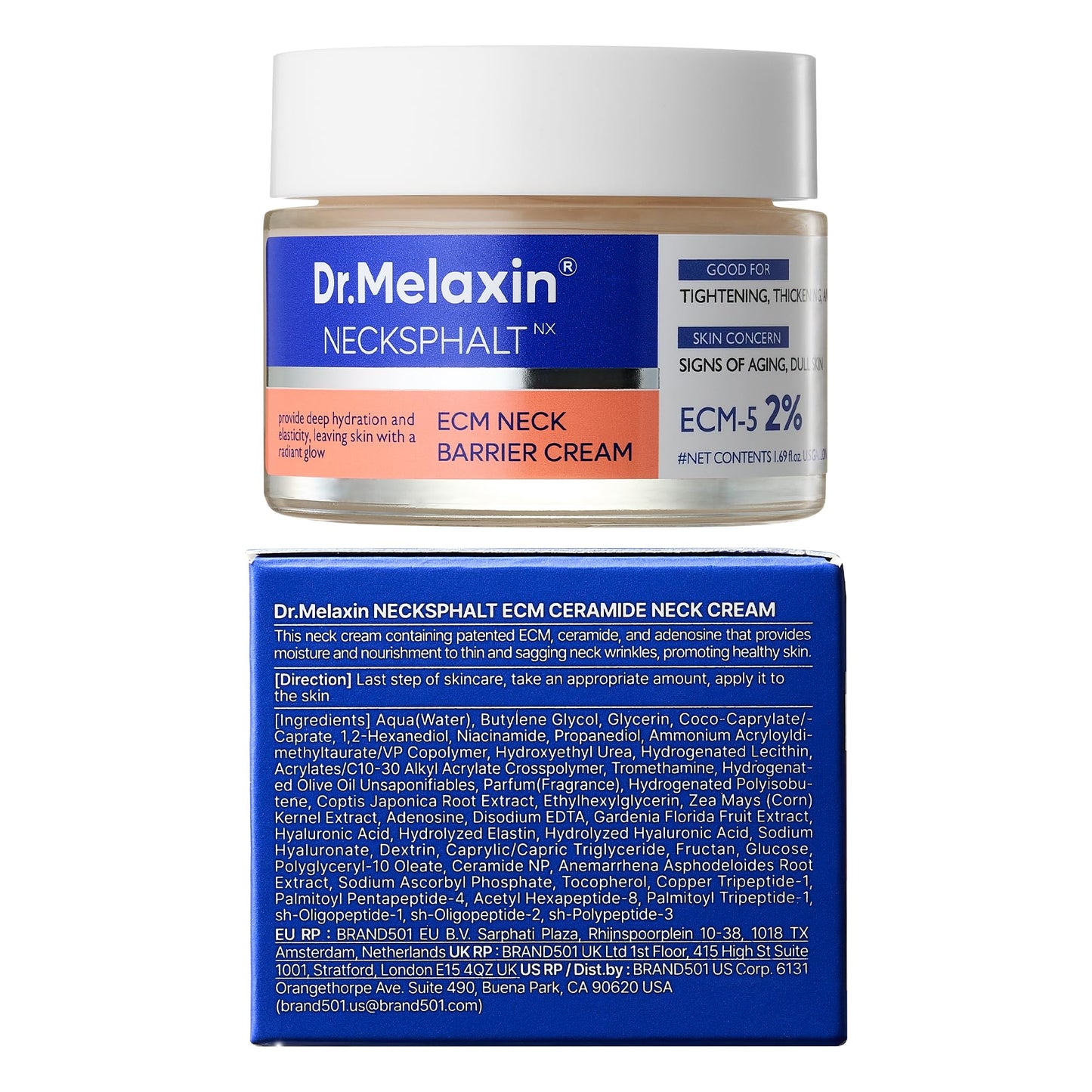 Dr.Melaxin Necksphalt Firming Cream with ECM-5 20,000ppm, Firming & Lifting Neck Cream for Wrinkles & Sagging Skin, Ceramide & Collagen for Elasticity & Radiant Glow, 1.76 fl.oz