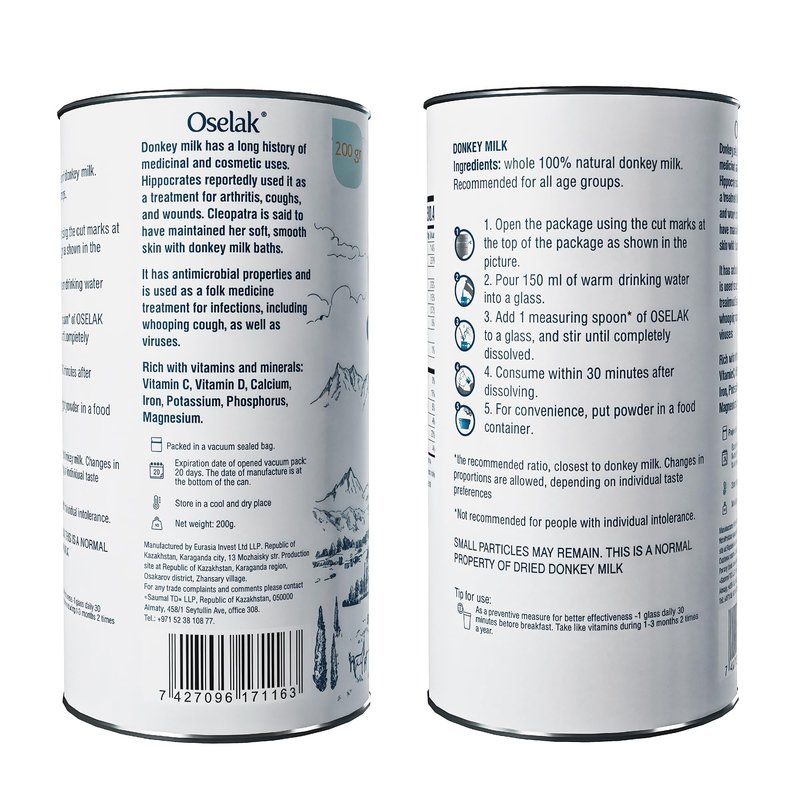 OSELAK Donkey Milk Powder 200g, Pure and 100% Natural, High in Calcium, Iron, and Vitamin D, Similar to Mother's milk, Rich in Whey protein, Vitamins and Minerals, Nothing added, Nothing removed