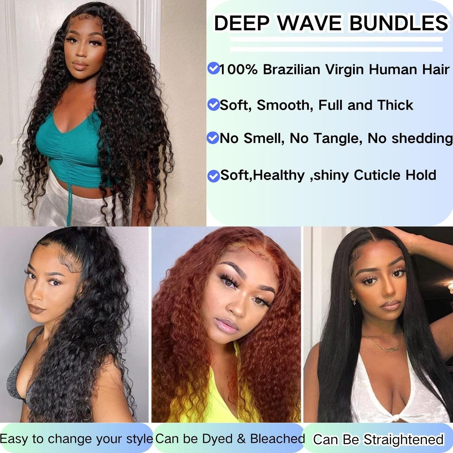Deep Wave Human Hair Bundles 16 Inch Brazilian Deep Wave Curly Bundles 100% Unprocessed Virgin Remy Deep Curly Human Hair Bundles Wet and Wavy Double Weft Deep Wave Hair Bundles Natural Black