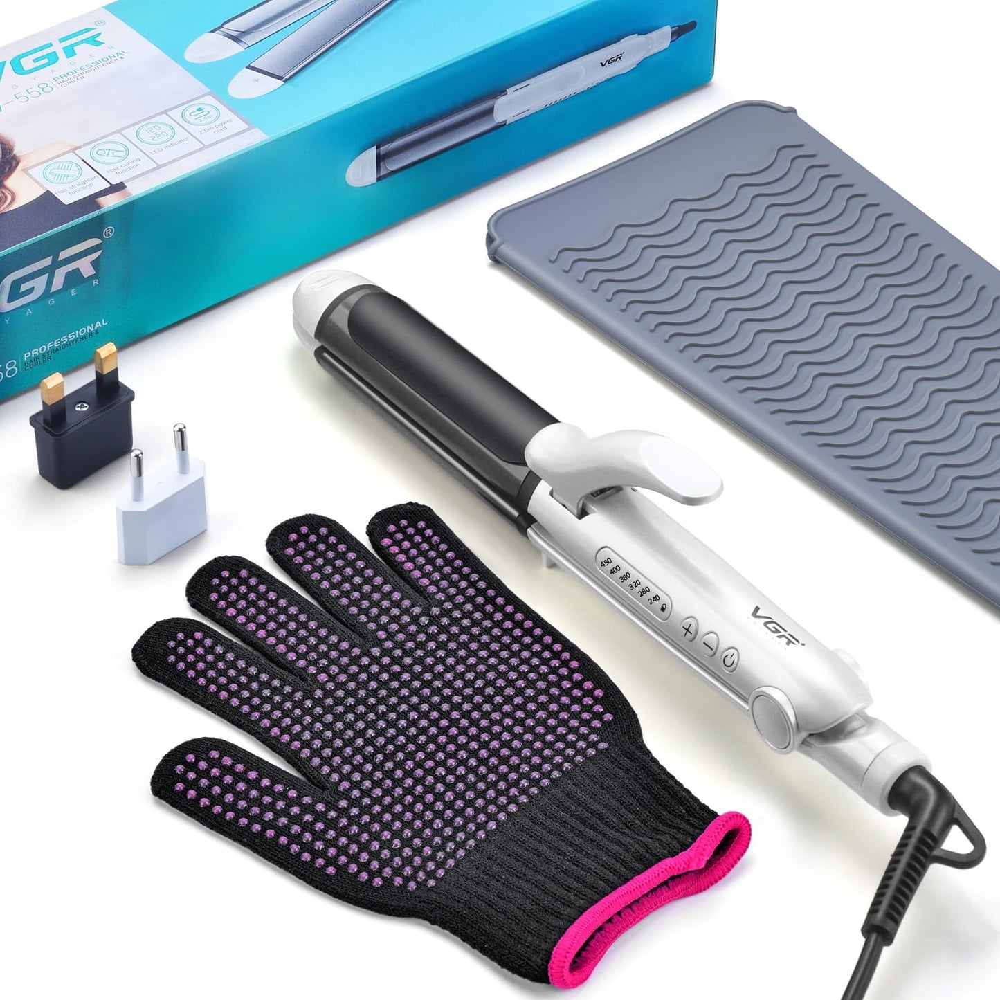 VGR Travel Curling Iron, 110~250V Dual Voltage with European Plug Adapter for International Travel, Europe Travel Essentials for Women, 2 in 1 Flat Iron and Curling Iron