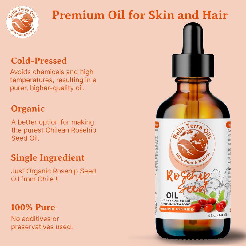 Bella Terra Oils Natural Rosehip Oil for Face, Pure Cold-Pressed Rose Hip Seed Oil for Skin & Hair, Natural Moisturizer & Anti-Aging Facial Oil 16oz