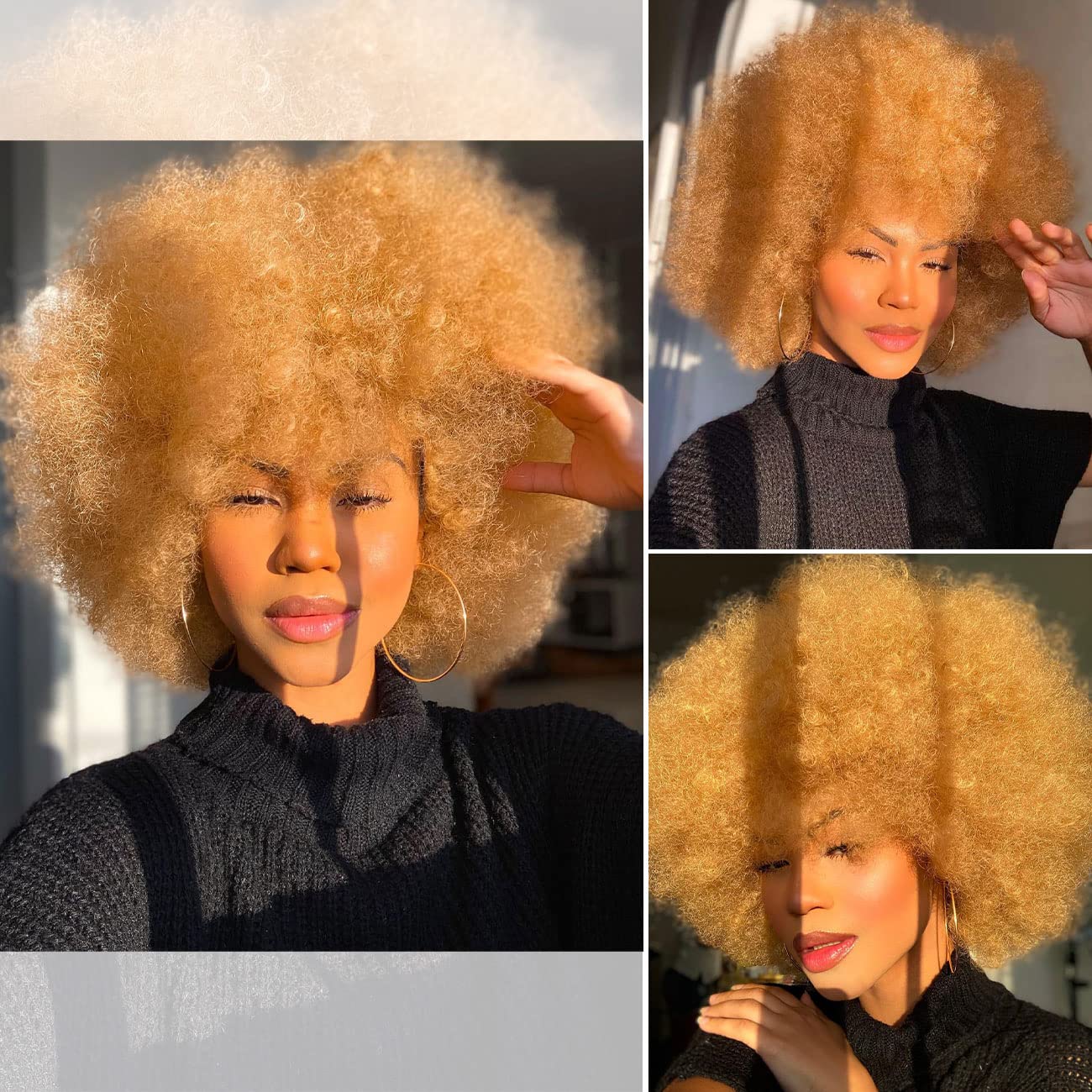 HIHOO Short Afro Wig with Bangs for Black Women Afro Kinky Curly Wig 70s Premium Synthetic Big Afro Wig(Blonde)