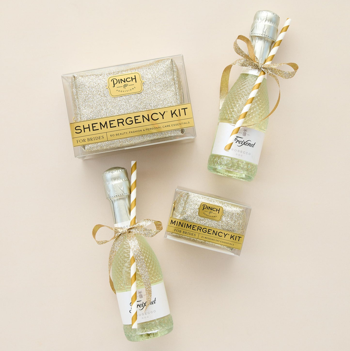 Pinch Provisions Champagne Glitter Minimergency Kit for Brides, Includes 21 Must-Have Essential Items for The Big Day, Compact, Multi-Functional Zipper Pouch, Perfect Survival Kit for Team Bride