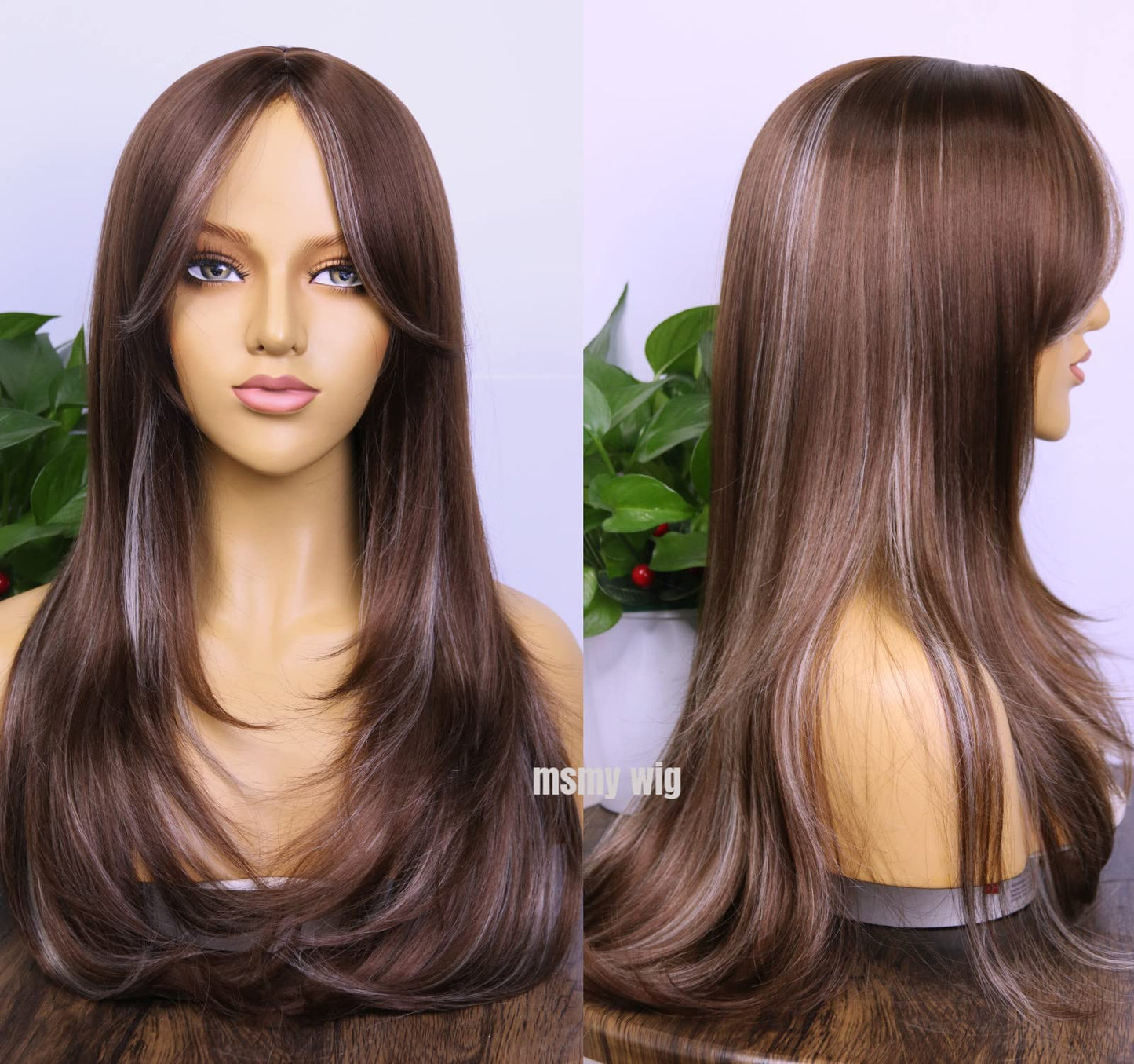 MSMYRNS Highlights Platinum Brown #4 Long Wavy Curly Heat Resistant Synthetic Wig Fringe Bangs Middle Part Pre Layered Natural Looking For Women Daily Use Long Bangs