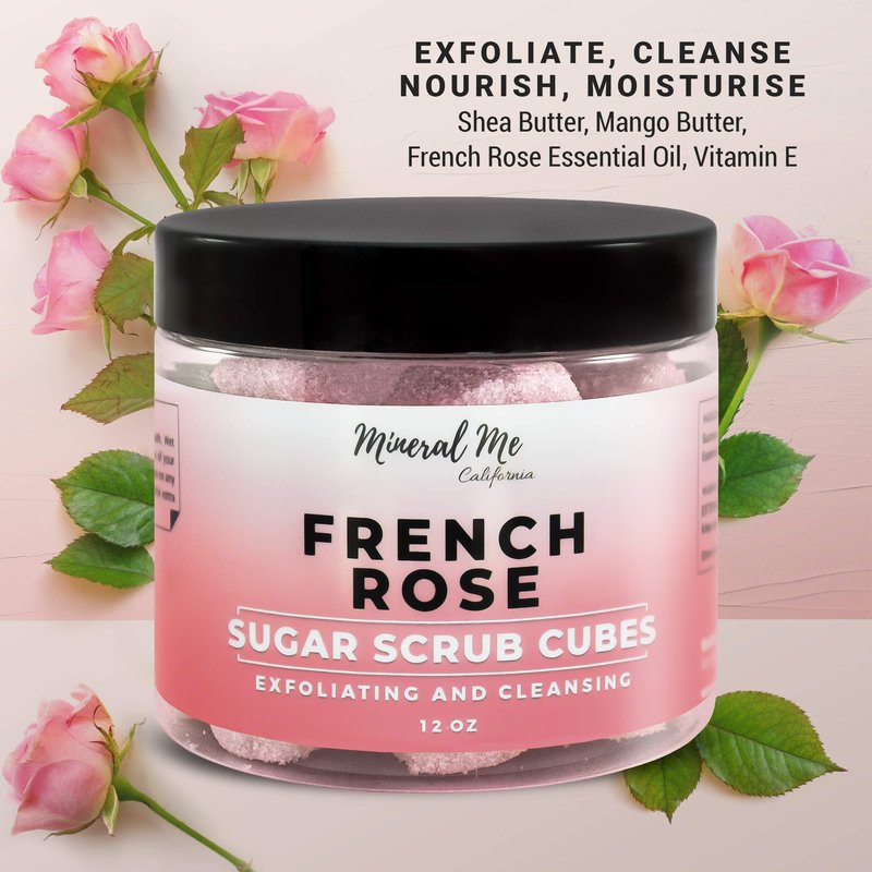 Body Scrub Exfoliator - 12oz FRENCH ROSE Sugar scrub cubes w/Mango Butter & Shea butter- Ultra Hydrating & Moisturizing - Natural & Organic for all body exfoliation- For hands, arms, legs & foot