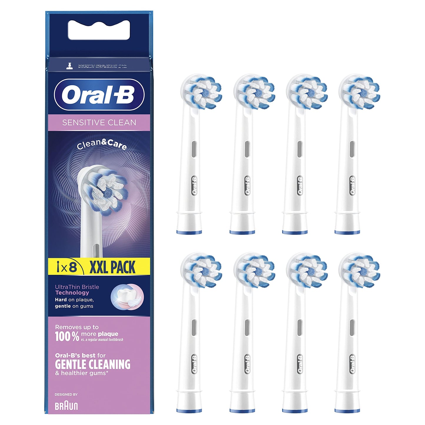 Oral-B Sensitive Clean Replacement Brush Heads x 8 Original Refill for Electric Toothbrush, White, 200 gram