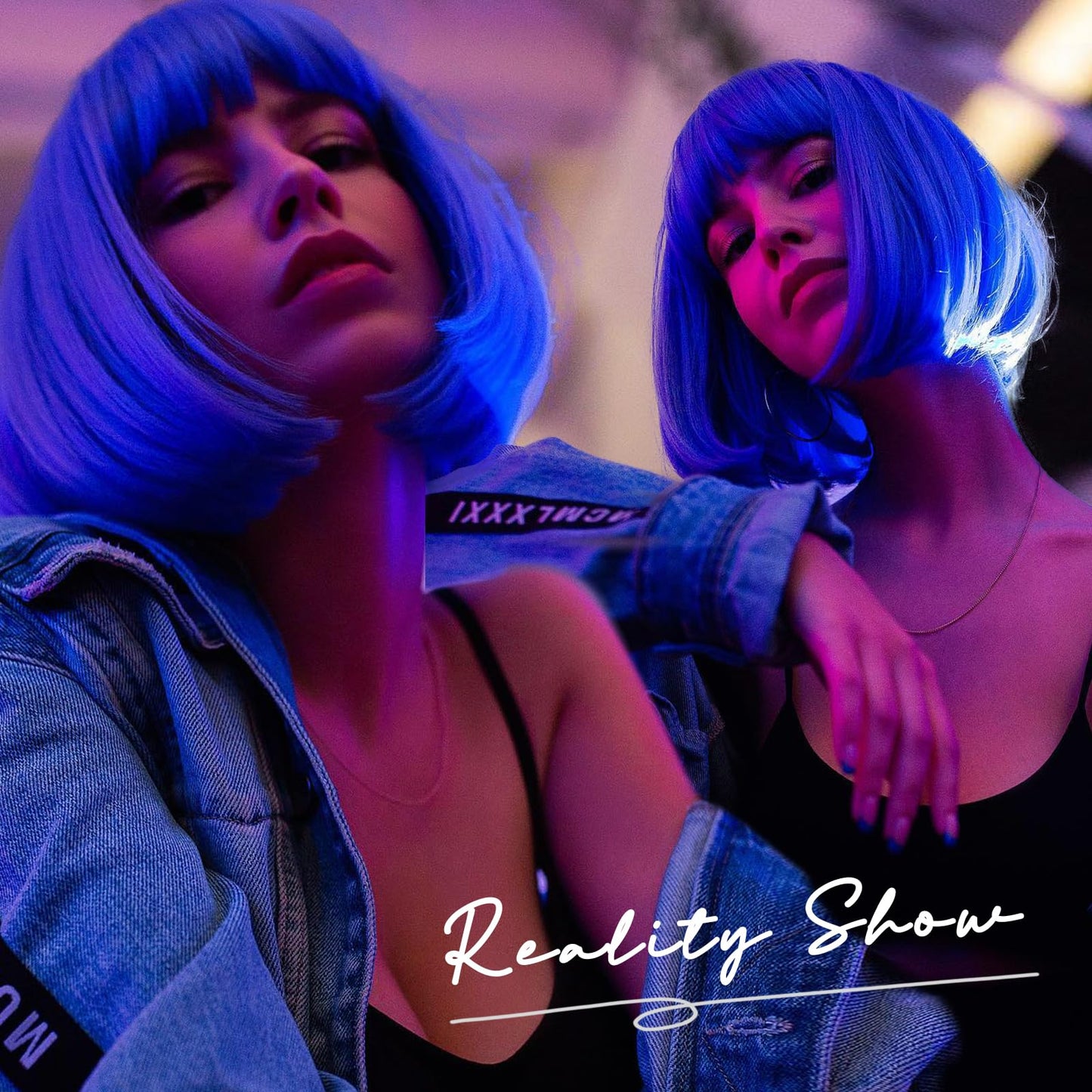 Aida ble Blue Bob Wigs - 12'' Short Bob Wigs for Women Blue Bob Wig With Bangs Super Soft and Easy to Wear Straight Bob Wig, Colorful Synthetic Wig for Daily, Cosplay, Halloween