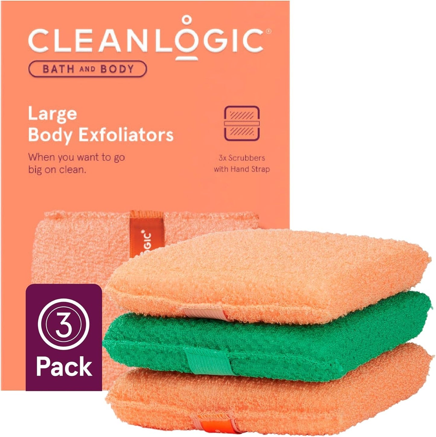 Cleanlogic Organic Cotton Exfoliating Body Scrubber, Reusable Exfoliator Tool for Smooth Skin, Daily Skincare Routine, Natural, 3 Ct Value Pack