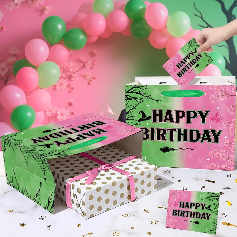 aqwithaj Witch Birthday Gift Bag for Girl Pink And Green Birthday Bag with Wrapping Paper and Greeting Card Musical Witch Hat Crown Movie Theme Paper Bags Gift Box for Friendship Bday Party Supplies