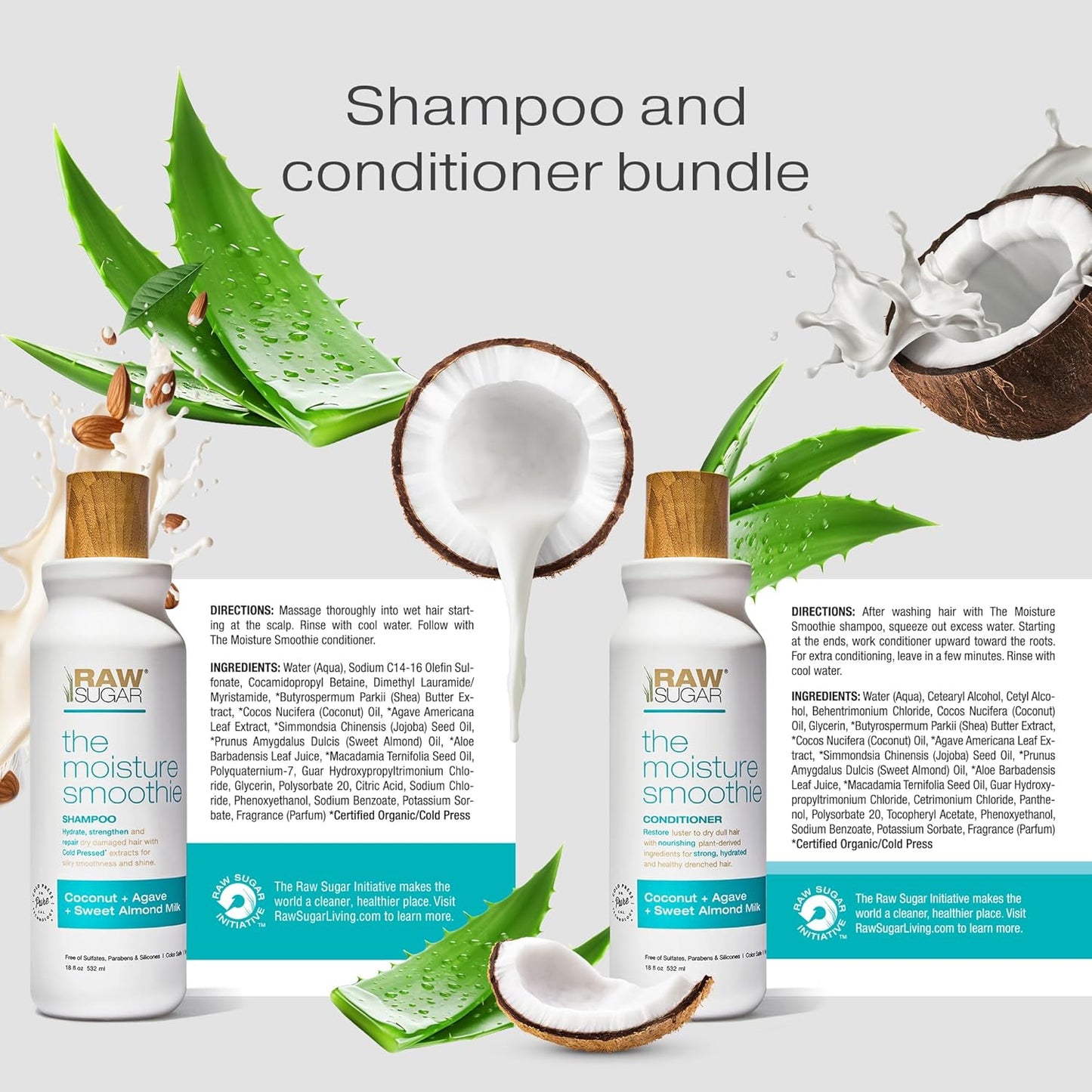 Raw Sugar Moisture Smoothie Shampoo and Conditioner Set, Moisturize & Nourish Dry Hair, Bulk Shampoo and Conditioner with Coconut Oil, Agave & Sweet Almond Oil, Formulated without Sulfates & Parabens