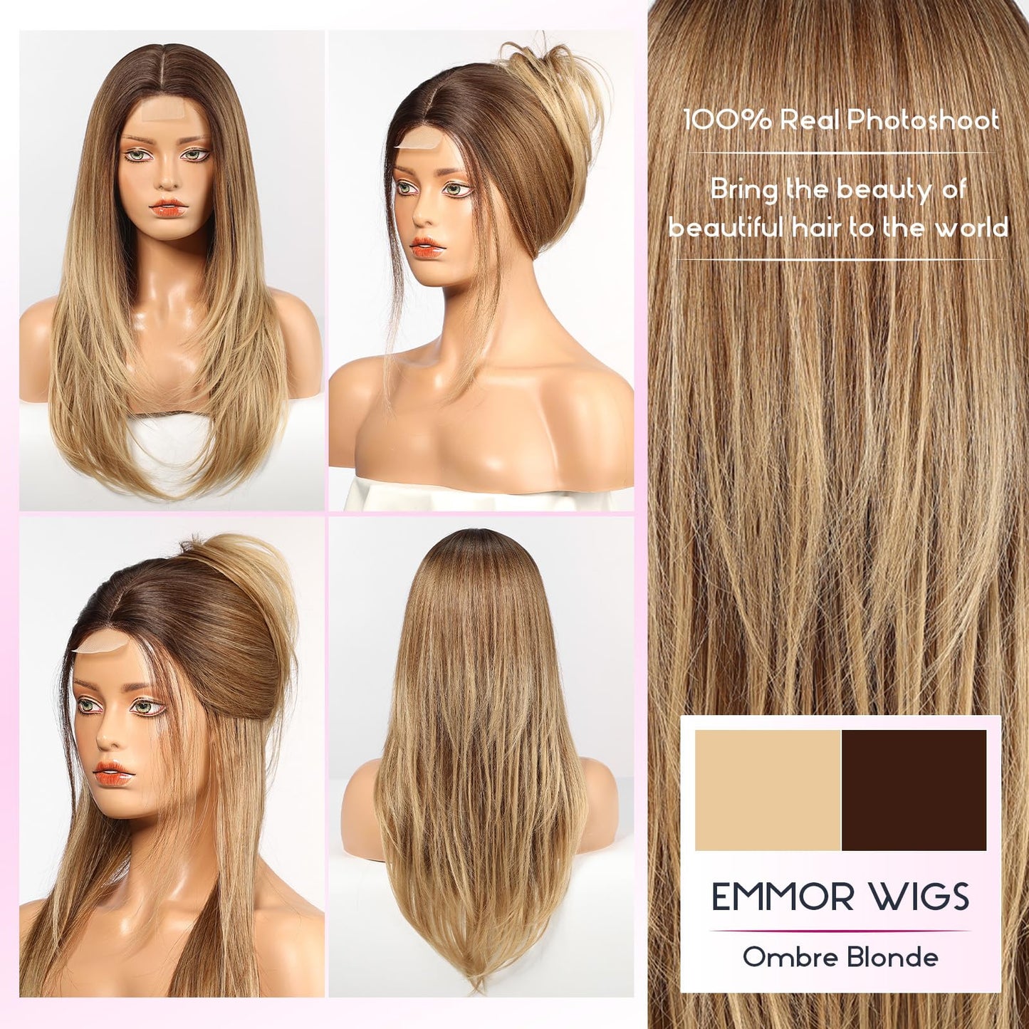EMMOR Long Layered Wigs,Natural Central Lace Bob, Premium Heat-Resistant Synthetic Straight Wigs for Women Daily Use(Ombre Blonde)